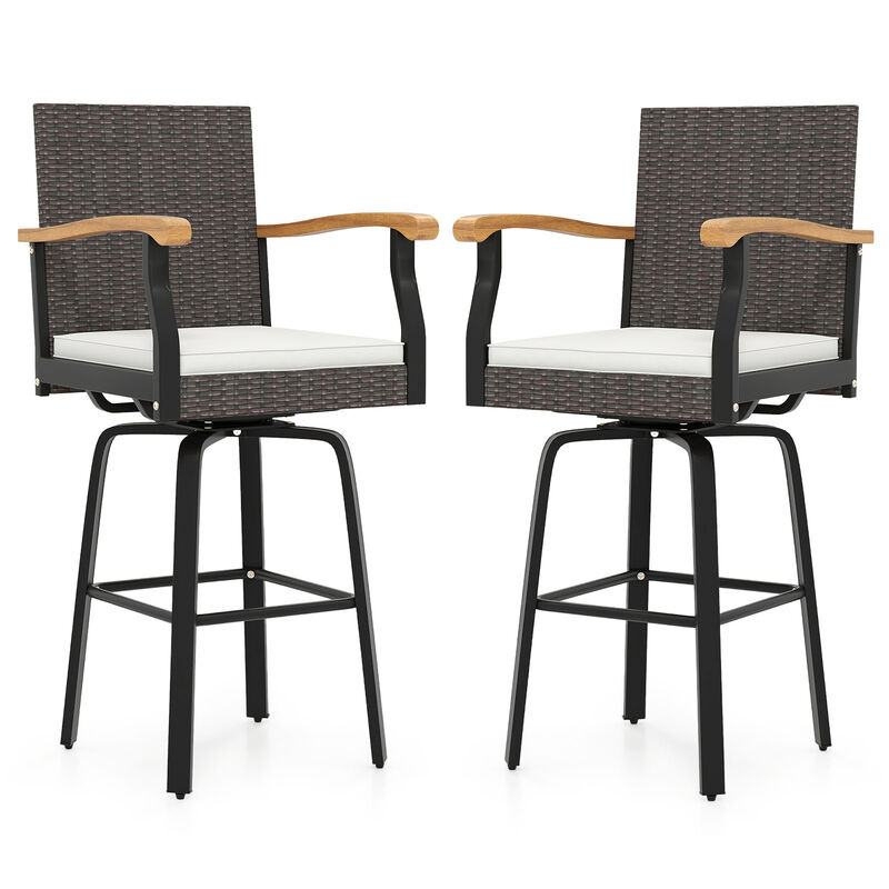 Outdoor 360&deg; Swivel Bar Stool Set of 2 with Cushioned Seats and Wood Armrests-Off White image number 0