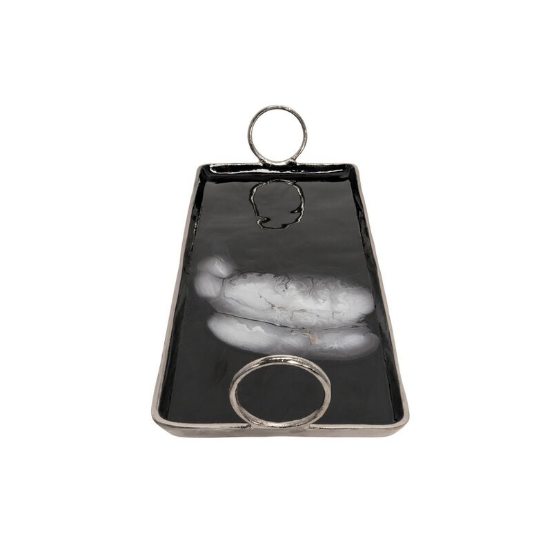 Tray with Metal and Ring Handles, Black and Silver - Benzara image number 2