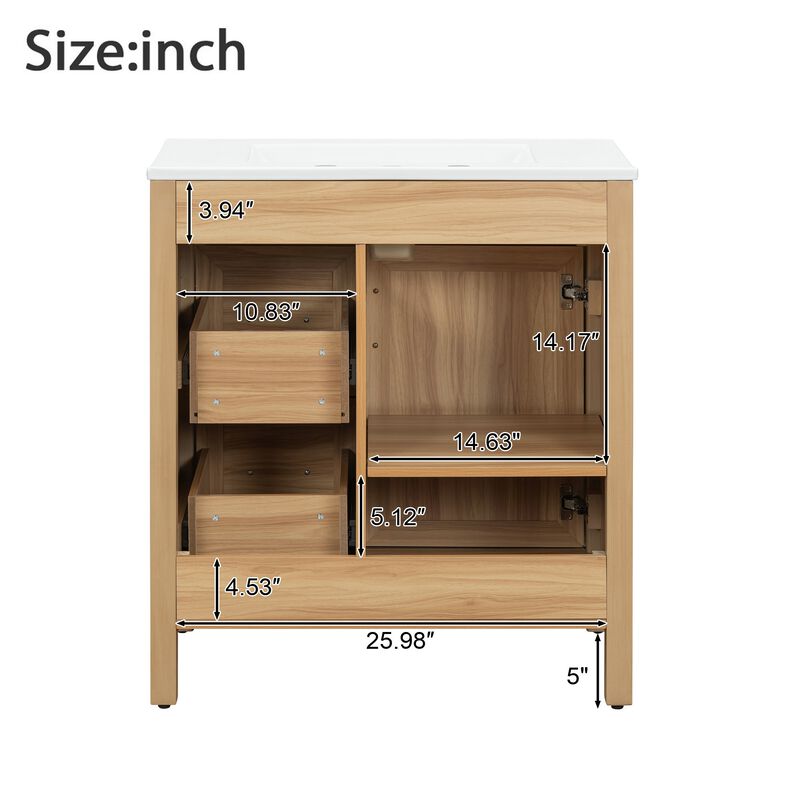 Whisen 30" Wood Bathroom Vanity with Solid Wood Frame, 1 Soft Close Doors, 2 Soft Close Drawers, Adjustable Shelf image number 8
