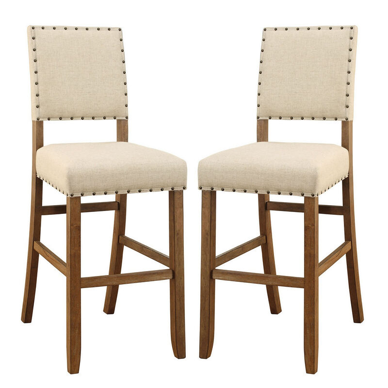 Counter Height Chair, Beige Fabric, Nailhead Trim, Set of 2, Brown Wood Legs