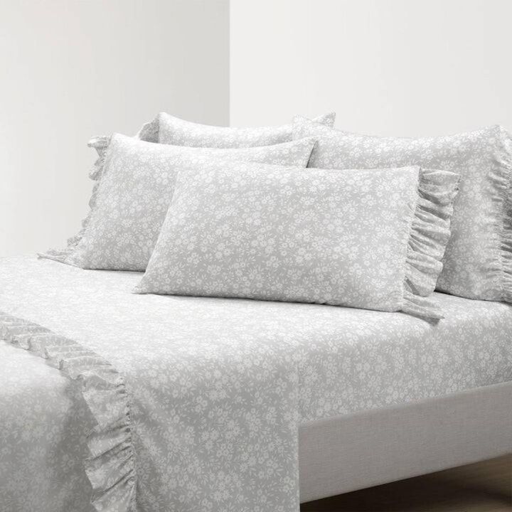 Hivvago King size Grey Ruffle Floral Polyester 6 Piece Sheet Set