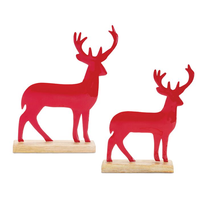 Metal Deer with Wooden Base, Set of 2 for Seasonal Shelf or Mantel Display