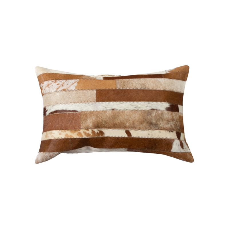 HomeRoots Set of Two 12" X 20" Brown and White Patchwork Cowhide Lumbar Throw Pillows image number 2