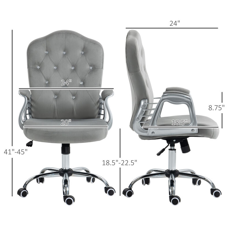 Vinsetto Home Office Chair, Velvet Computer Chair, Button Tufted Desk Chair with Swivel Wheels, Adjustable Height, and Tilt Function, Light Gray