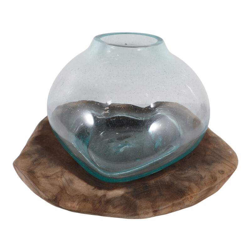 20x12" Glass Vase On Teak Wood, Clear/natural image number 2