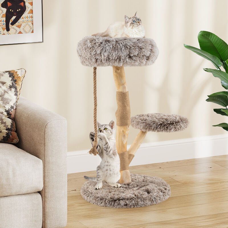 Modern Wooden Cat Tower with Perch and Durable Jute Scratching Posts-Natural image number 3
