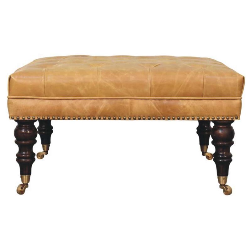 Artisan Furniture Solid Wood Tan Leather Upholstered Ottoman image number 0