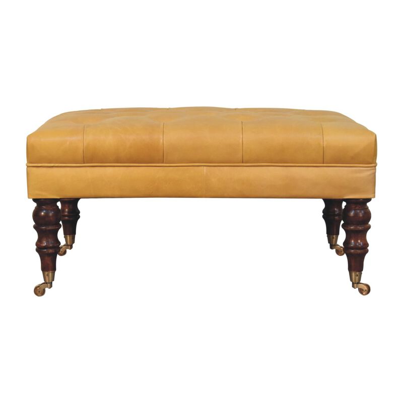 Artisan Furniture Solid Wood Honey Caramel Buffalo Ash Black Leather Ottoman with Castor Legs