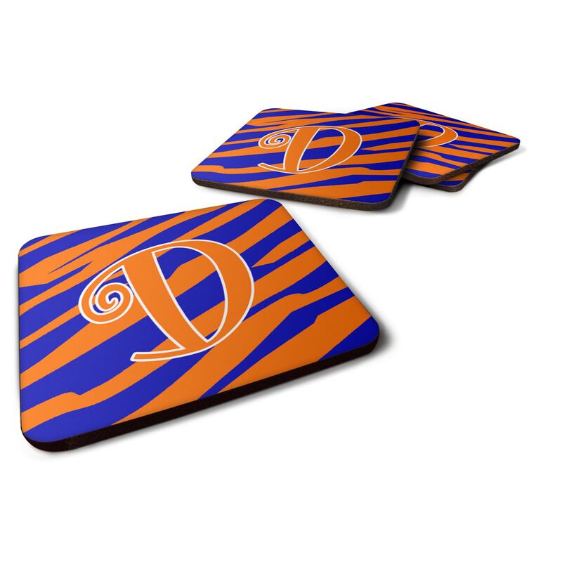 Caroline's Treasures CJ1036-DFC Monogram-Tiger Stripe Blue and Orange Foam Coasters (Set of 4), Initial Letter D, 3.5 H x 3.5 W, Multicolor