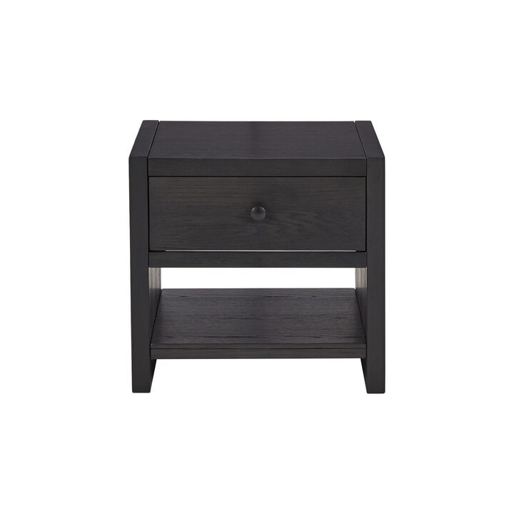 24 Inch Square Side End Table, Wire Brushed Black Wood, Single Drawer -Benzara