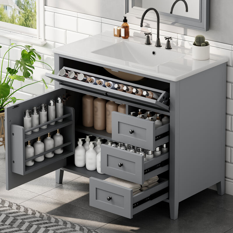 Merax Bathroom Storage Vanity with Left Adjustable Shelving Cabinet & 3 Right Smooth-Glide Drawers image number 3