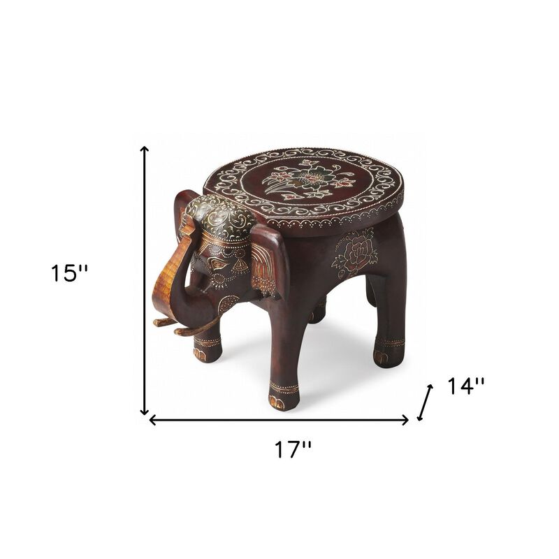Homezia 15" Warm Brown Hand Painted Floral 3D Elephant End Table