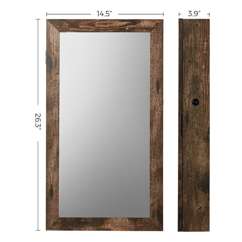 Space-Saving Wall-Mounted Jewelry Cabinet with Mirror and Lock - Rustic Brown Finish image number 6