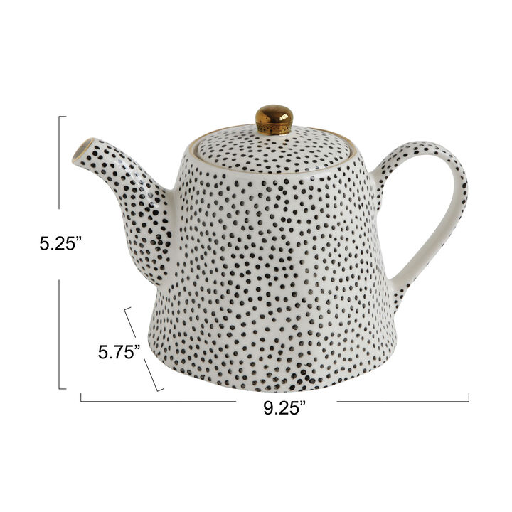 32-Ounce Stoneware Teapot with Black Speckles and Gold Electroplated Accents, Black and White