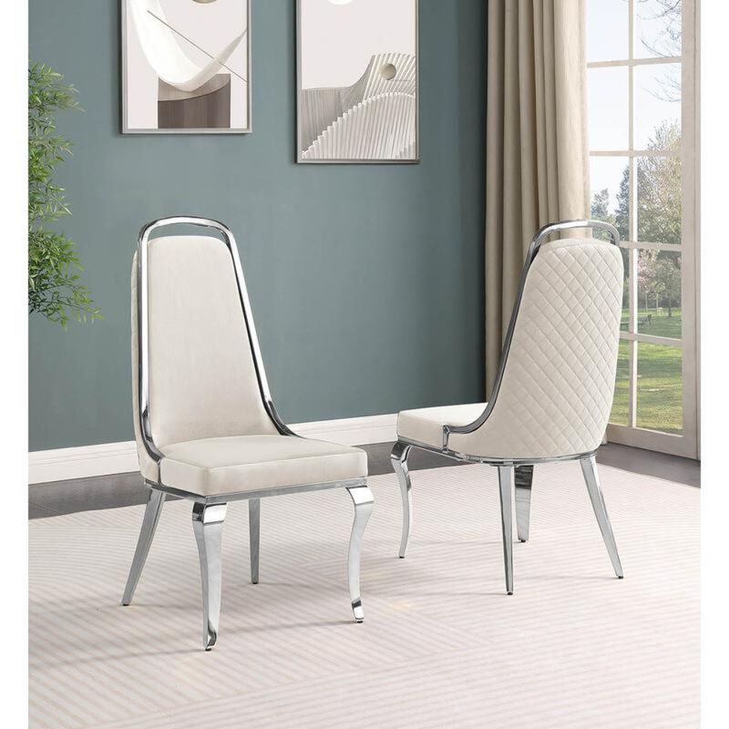 Best Quality Furniture Cream Velvet High Back Chair With Silver Chrome Trim, Set Of 2