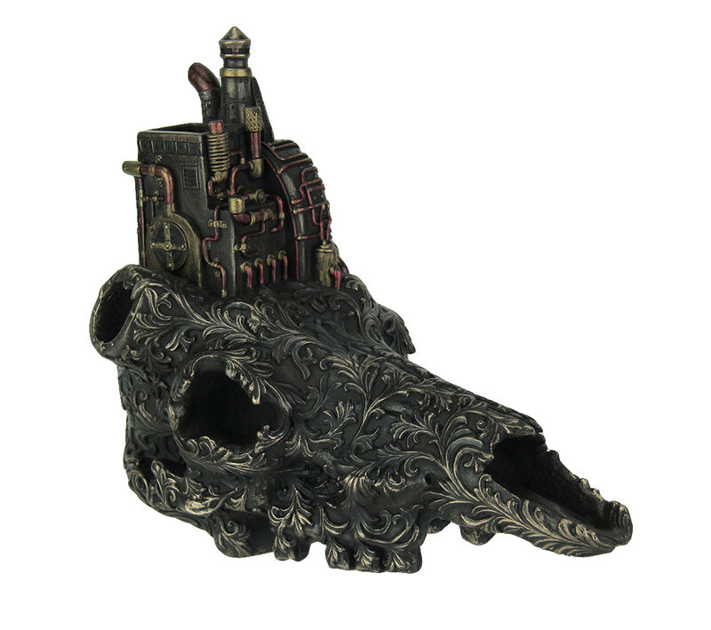 Antiqued Bronze Finish Steampunk Steer Skull Statue image number 0