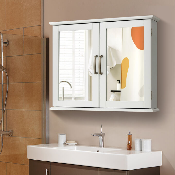 2-Tier Bathroom Wall-Mounted Mirror Storage Cabinet with Handles-White