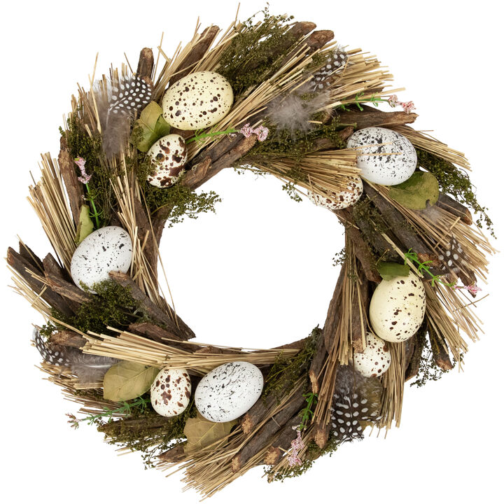 Speckled Eggs and Feathers Artificial Easter Wreath - 14"