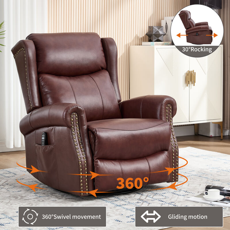 Genuine leather Heat Massage Manual Recliner Chair with Rocker and Swivel for Living Room image number 5
