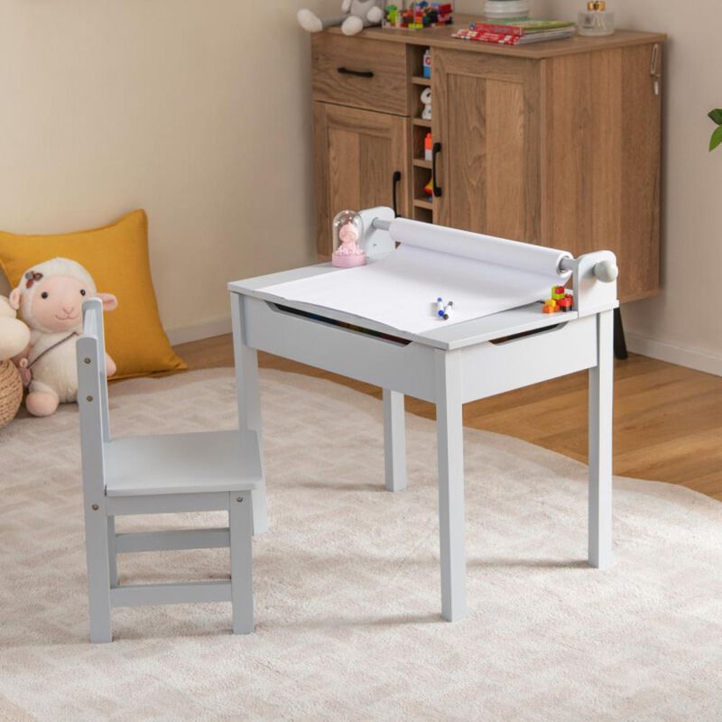 Hivvago Wooden Kids Table and Chair Set with Storage and Paper Roll Holder image number 1