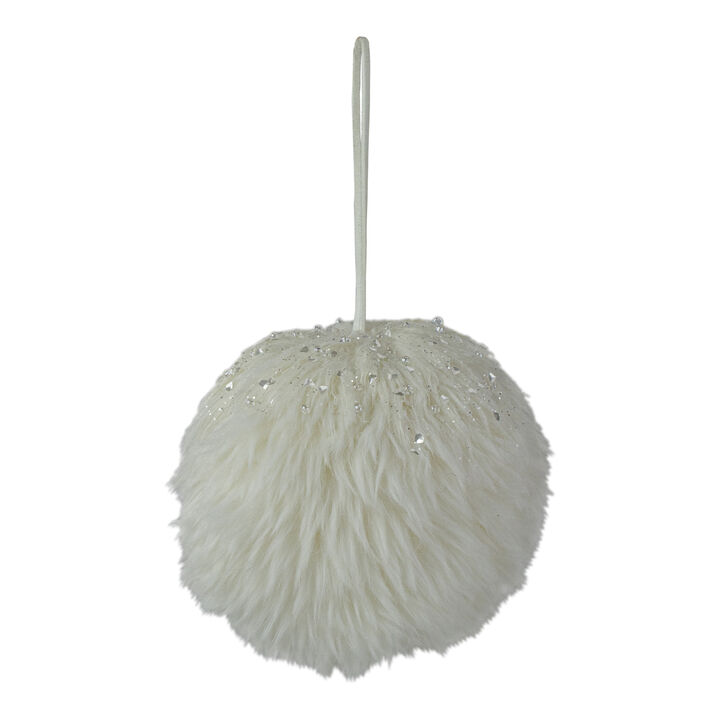 4-Inch White Faux Fur Hanging Christmas Ball Ornament