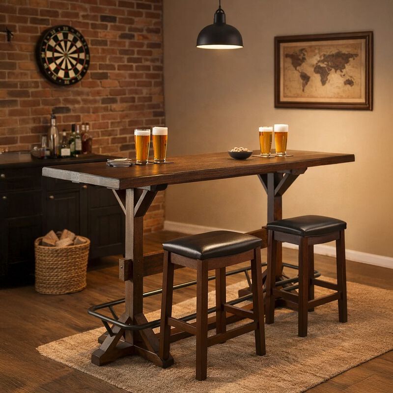 Flint Pub Bar Table, Black Metal Foot Rail, 78 Inch, Dark Brown Wood image number 7