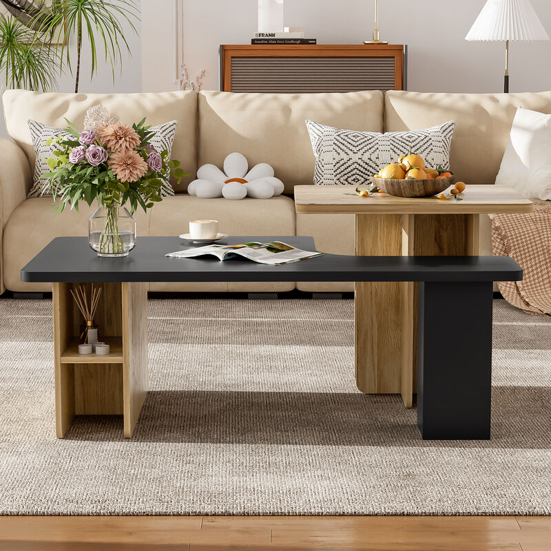 Merax Set of 2 Nesting Coffee Tables Farmhouse Style Solid Wood Rectangular Living Room Tables Multi-Level Side End Tables for Sofa