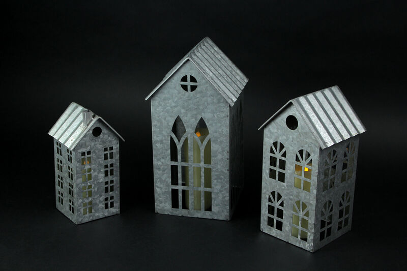 Set of 3 Country Farmhouse Galvanized Metal House Shaped Candle Holders image number 4