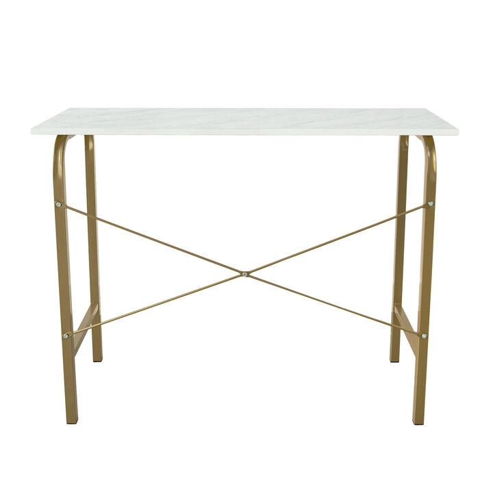 Home Office Computer Desk with Metal Base, Faux Marble/Brass
