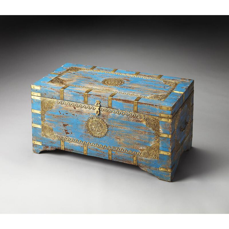 Butler Specialty Neela Painted Brass Inlay Storage Trunk, Blue