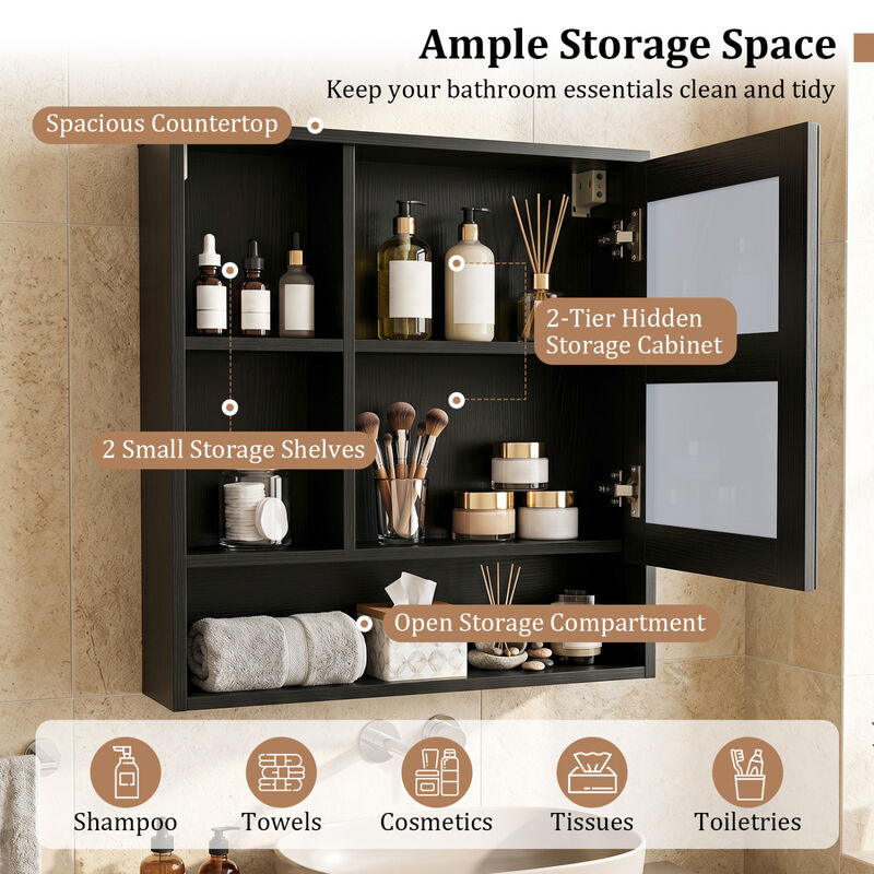 Bathroom Wall Mirror Cabinet with 2 Hidden Shelves and 3 Open Cubbies image number 5