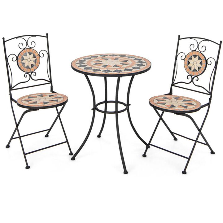 Hivvago 3 Pieces Patio Bistro Set with 1 Round Mosaic Table and 2 Folding Chairs