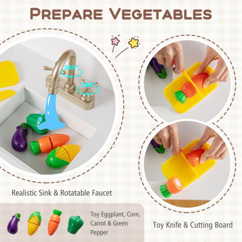 Hivvago Kids Kitchen Playset with Cooking Accessories and Toy Cuttable Veggies