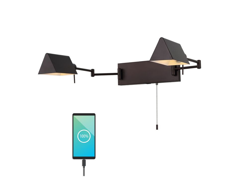 Arlo 54" 2-Light Farmhouse Industrial Double Swing Arm Iron LED Wall Sconce with Pull-Chain USB Charging Port, Oil Rubbed Bronze