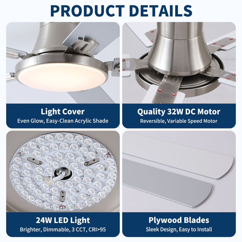 52 Inch Modern Brushed Nickel Flush Mount Ceiling Fan with LED Light and Remote, 6 Speed Indoor Fan image number 4