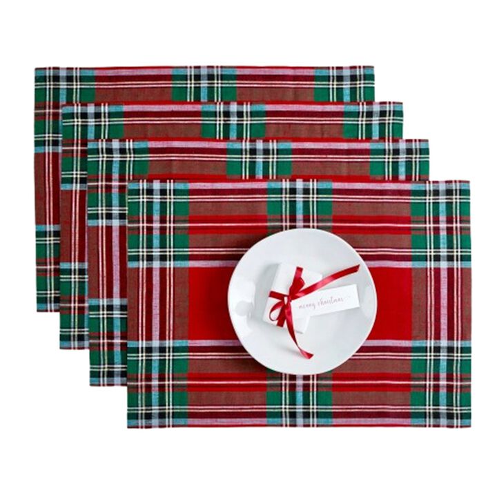 Solino Home 100% Pure Linen Placemats 14 x 19 Inch Set of 4 - Madras Holiday Plaid
