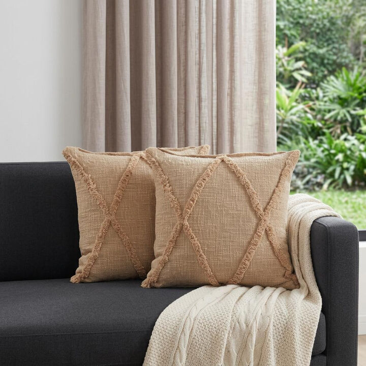 HomeRoots Set of Two Tan Diamond Cotton Throw Pillow With Fringe