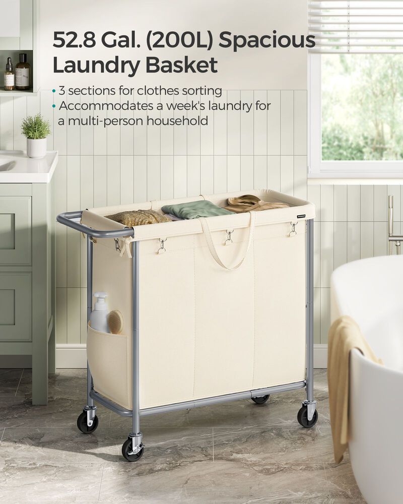 200L Laundry Sorter Cart &ndash; 3-Compartment Rolling Hamper with Removable Liners and Frame