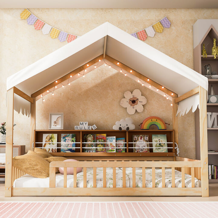 Merax Full Size Wooden Floor Bed,House-Shaped Daybed with Fense,3 Storage Bookshelves,Curtain and LED Light