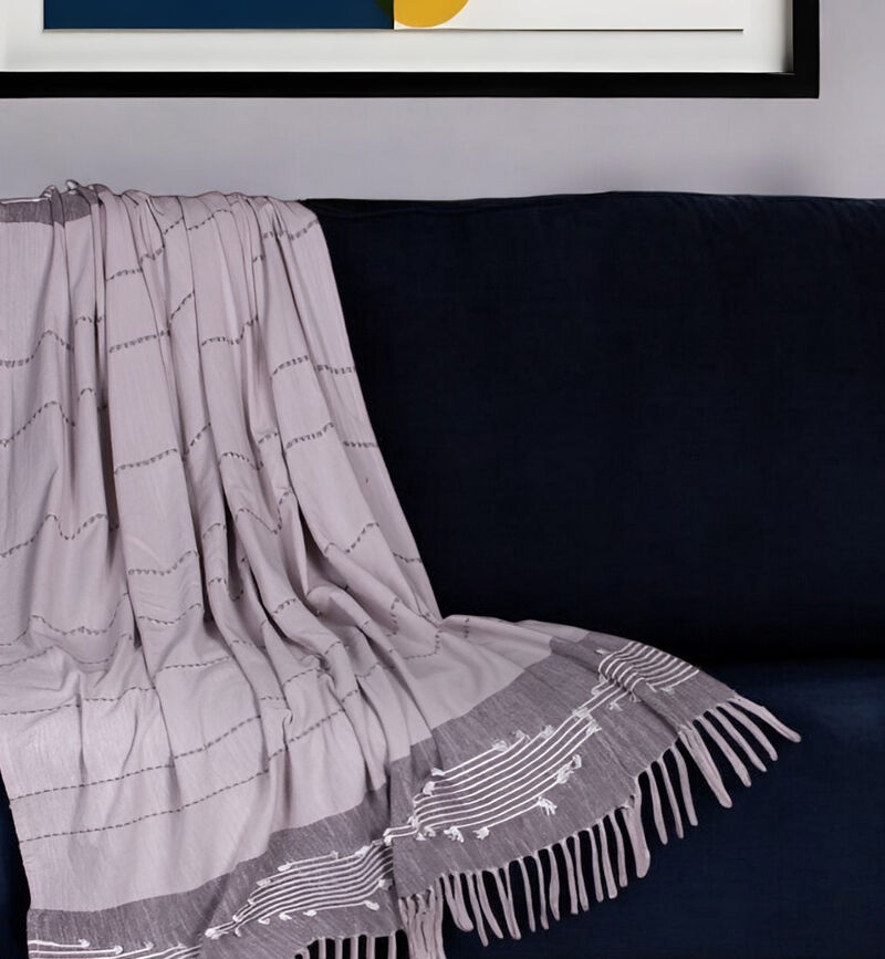 HomeRoots 50" X 60" Gray Woven Cotton Striped Throw Blanket with Tassels and Embroidery image number 1