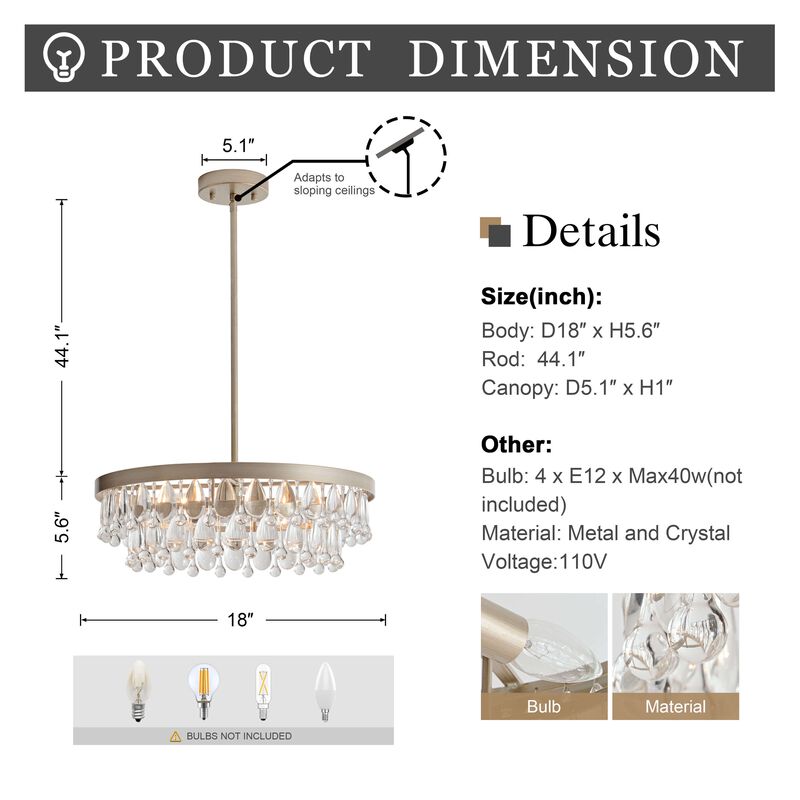 Eva Brushed Champagne Silver 4-light Crystal Teardrop Round Chandelier image number 2