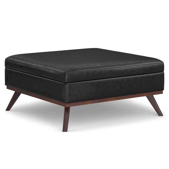 Simpli Home Coffee Table Storage Ottoman In Distressed Black Vegan Faux Leather