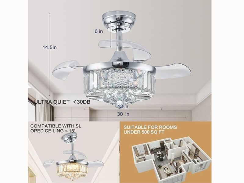 30" Crystal Ceiling Fan Chandelier – Retractable Blades, Dimmable LED, Timer & Remote, Silver Chrome Finish
