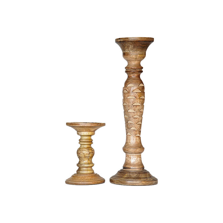 Traditional Medium Burnt Eco-friendly Handmade Mango Wood Set Of Two 6" & 15" Pillar Candle Holder