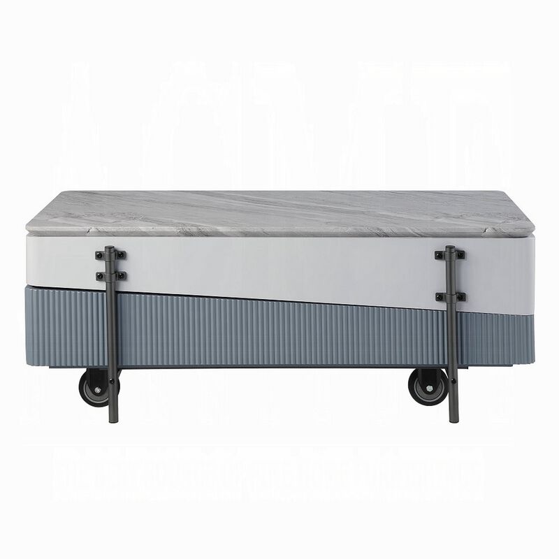 Mindy Coffee Table with Lift Top, 3 Compartments, White Gray 47 Inch