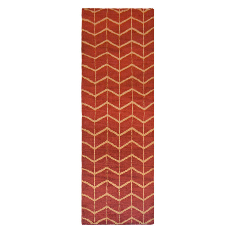 HAND KNOTTED WOOL Geometric AREA RUGS  - 2'6''x10', Runner Shape, Red Gold Color, Geometric Modern, Medium Pile Handmade Area Rugs for Living Room, Bed Room (N01052)