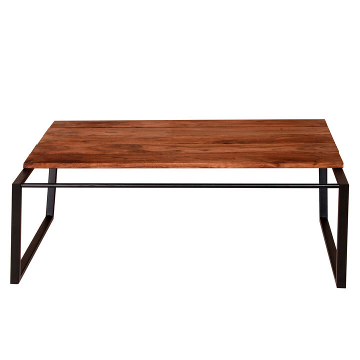 41.7 Inch Rectangular Coffee Table with Plank Style Top, Metal Frame, Brown and Black