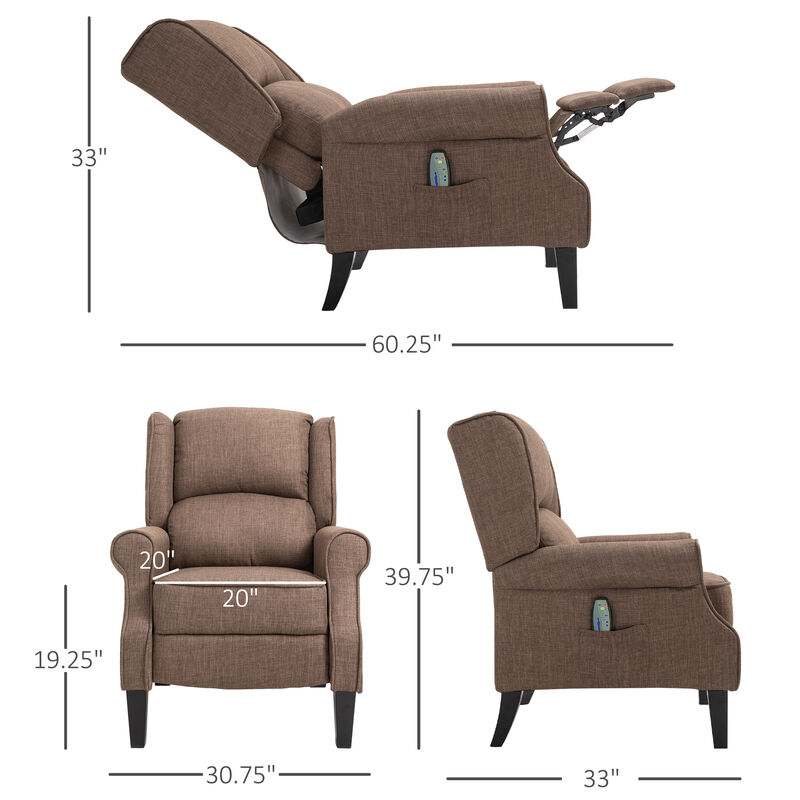 HOMCOM Vibrating Massage Recliner Chair for Living Room, Reclining Wingback Single Sofa with Heat, Linen Fabric Push Back Accent Chair with Footrest, Side Pocket, Brown