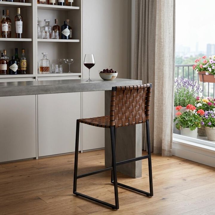 HomeRoots 36" Brown And Black Leather And Genuine Leather And Iron Bar Chair
