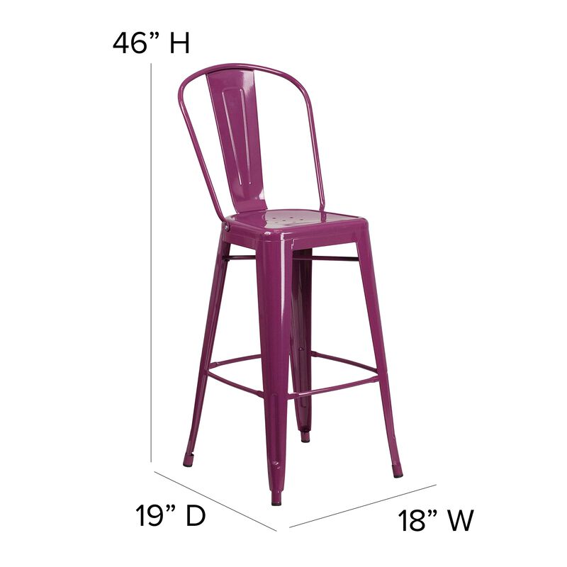 Flash Furniture Commercial Grade 30" High Purple Metal Indoor-Outdoor Barstool with Back